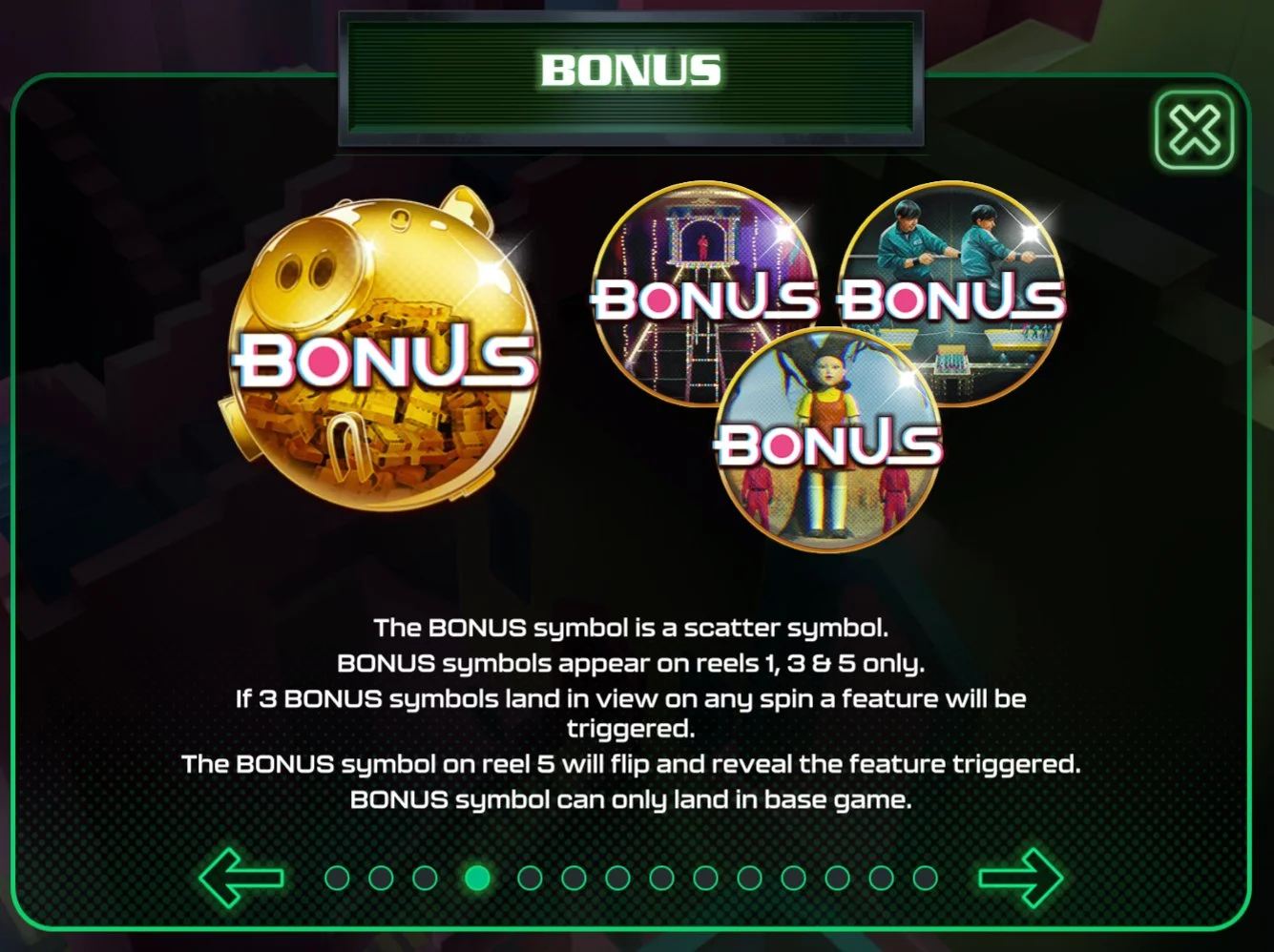 The golden piggy bank BONUS scatter appears on reels 1, 3, and