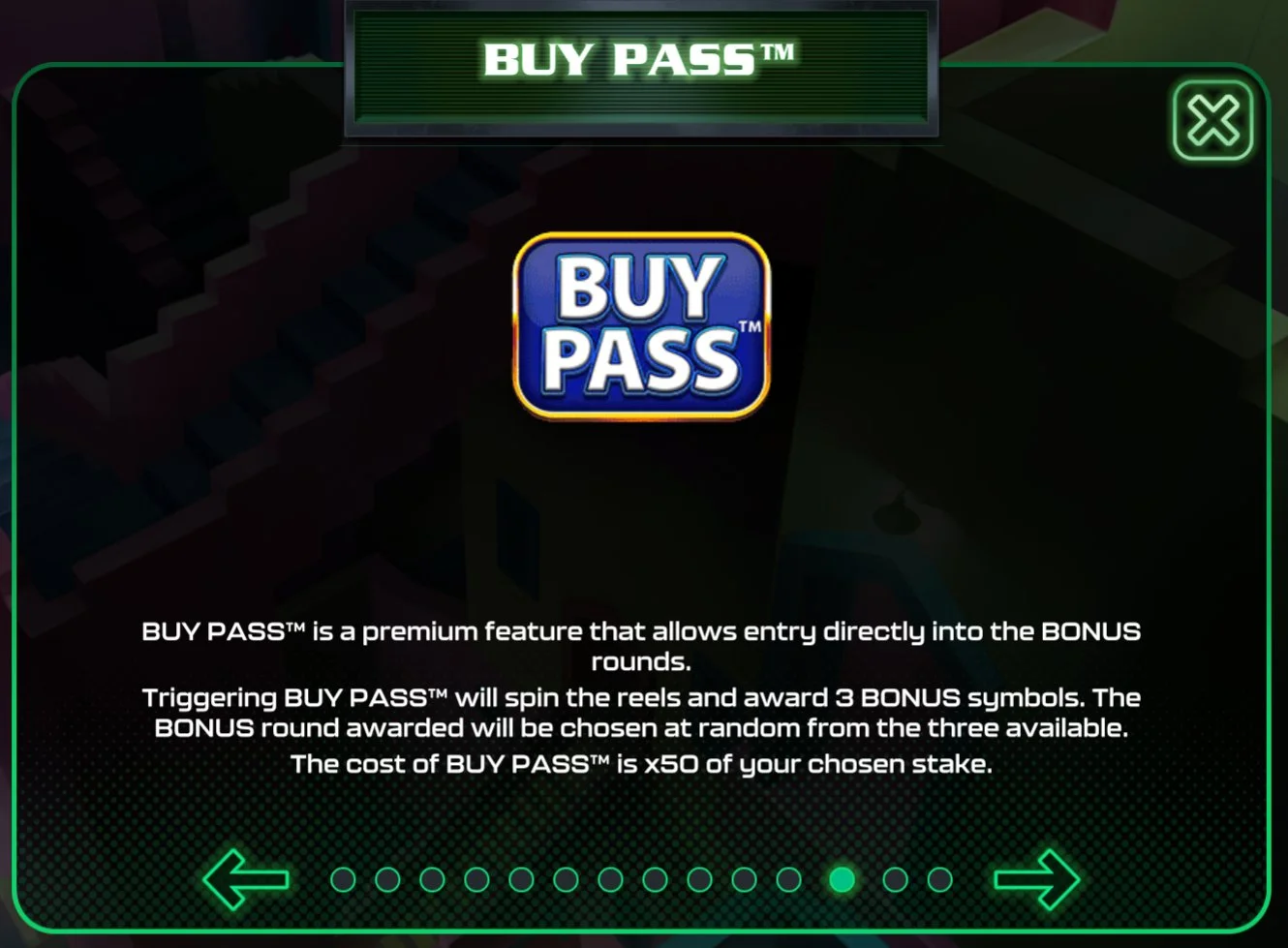 Buy Pass rules: 50× stake cost, random bonus awarded, RTP 96.13%.