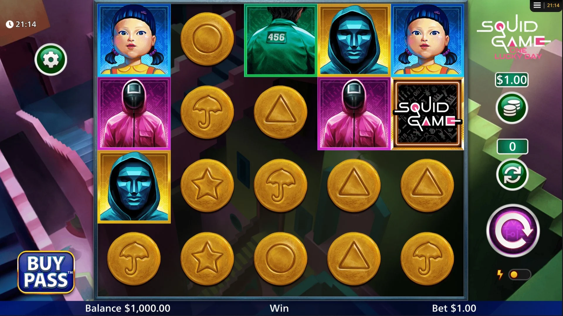 Squid Game One Lucky Day base game: 5×4 grid with Buy Pass button, Wild symbol, cookie coins, and character symbols visible