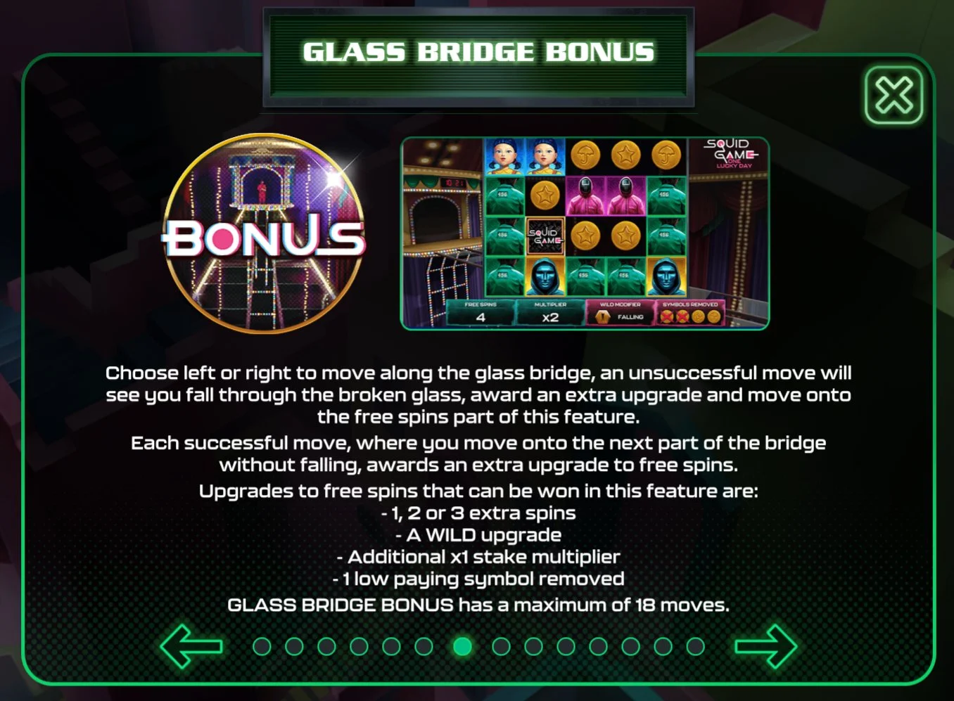 Glass Bridge bonus showing active free spins round with Falling Wild modifier, x2 multiplier, and upgrade tracker