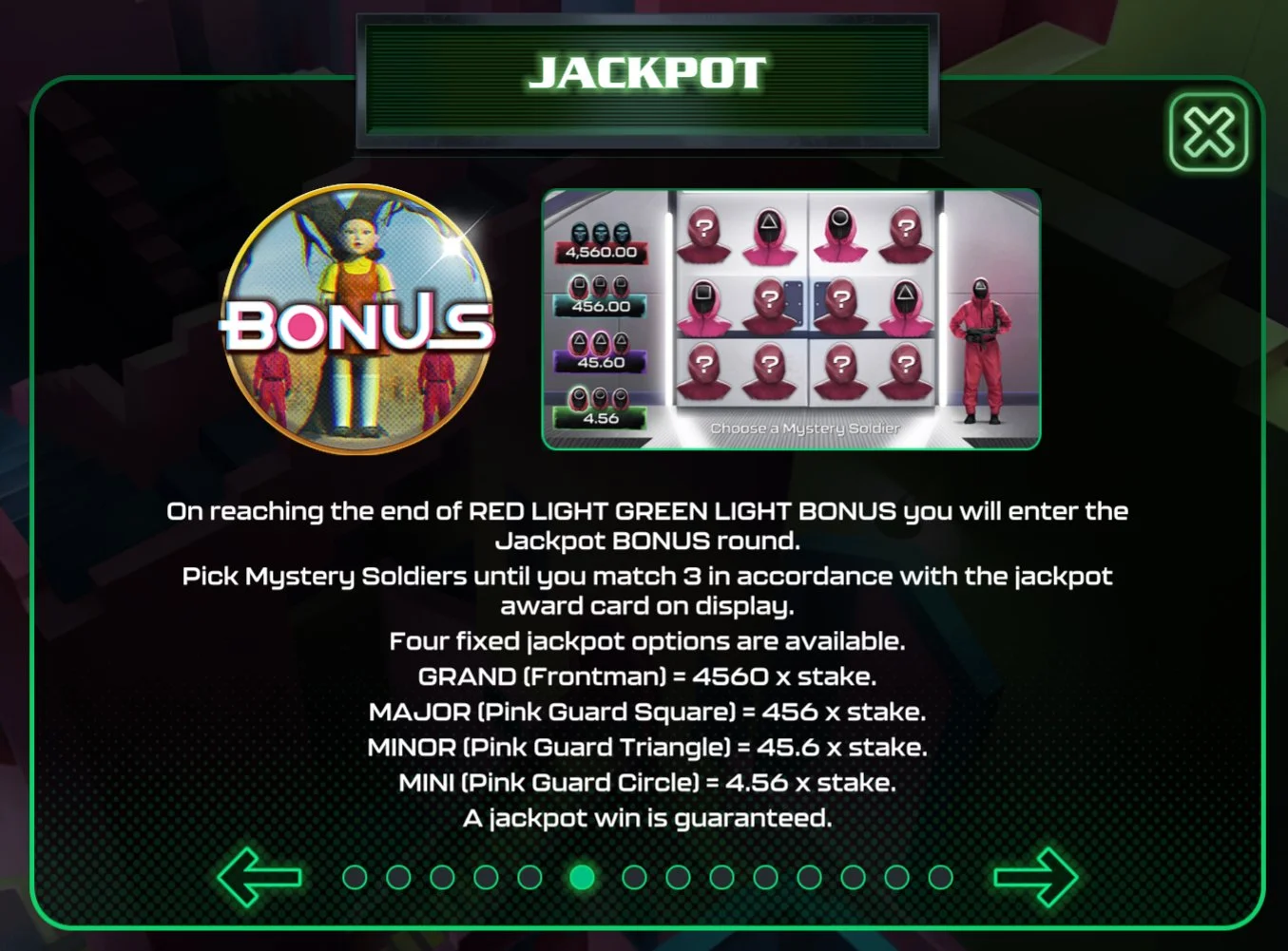 Jackpot Round pick-me screen: 12 mystery soldiers, prize display showing GRAND 4560× MAJOR 456× MINOR 45.6× MINI 4.56×