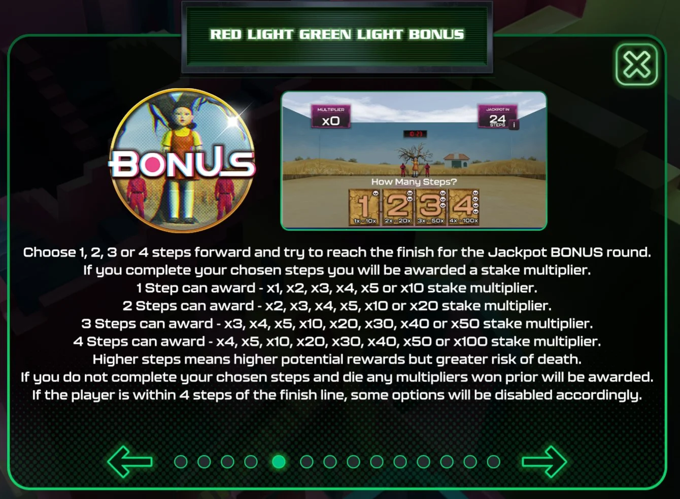 Red Light Green Light step selection interface: choose 1, 2, 3, or 4 steps with corresponding multiplier ranges up to 100× stake