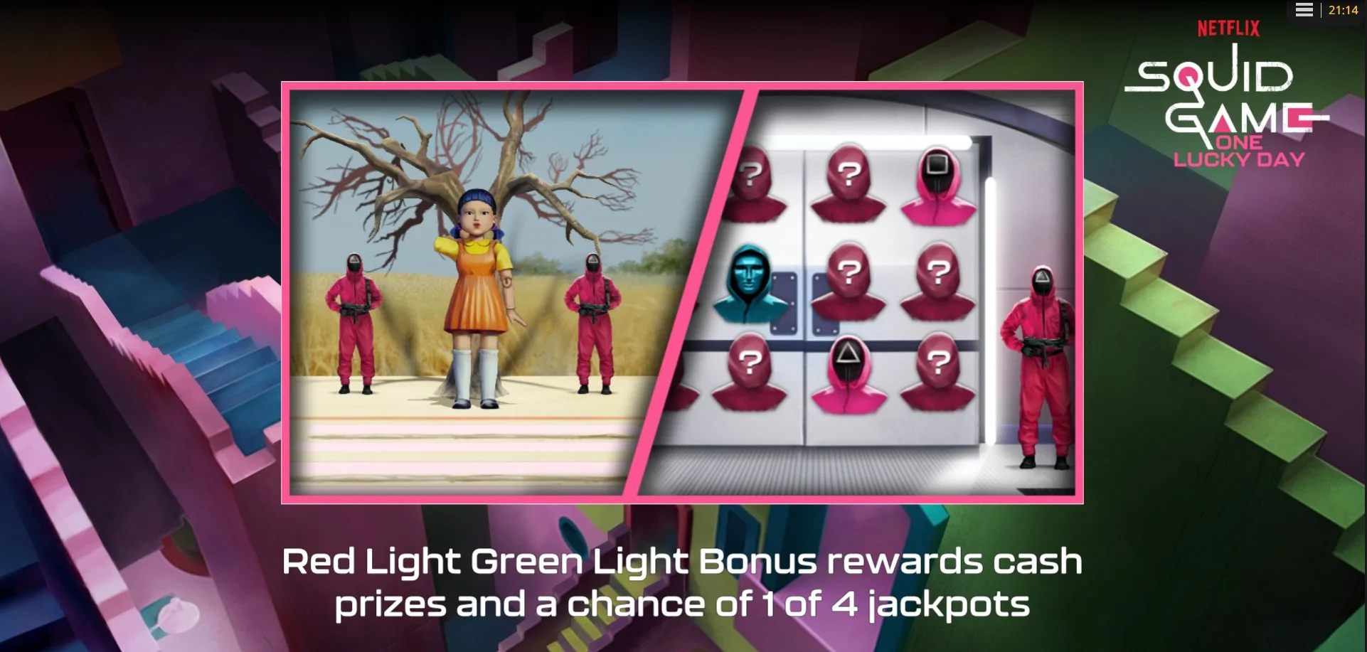 Red Light Green Light bonus screen showing the doll at the finish line and the reward grid in Squid Game One Lucky Day