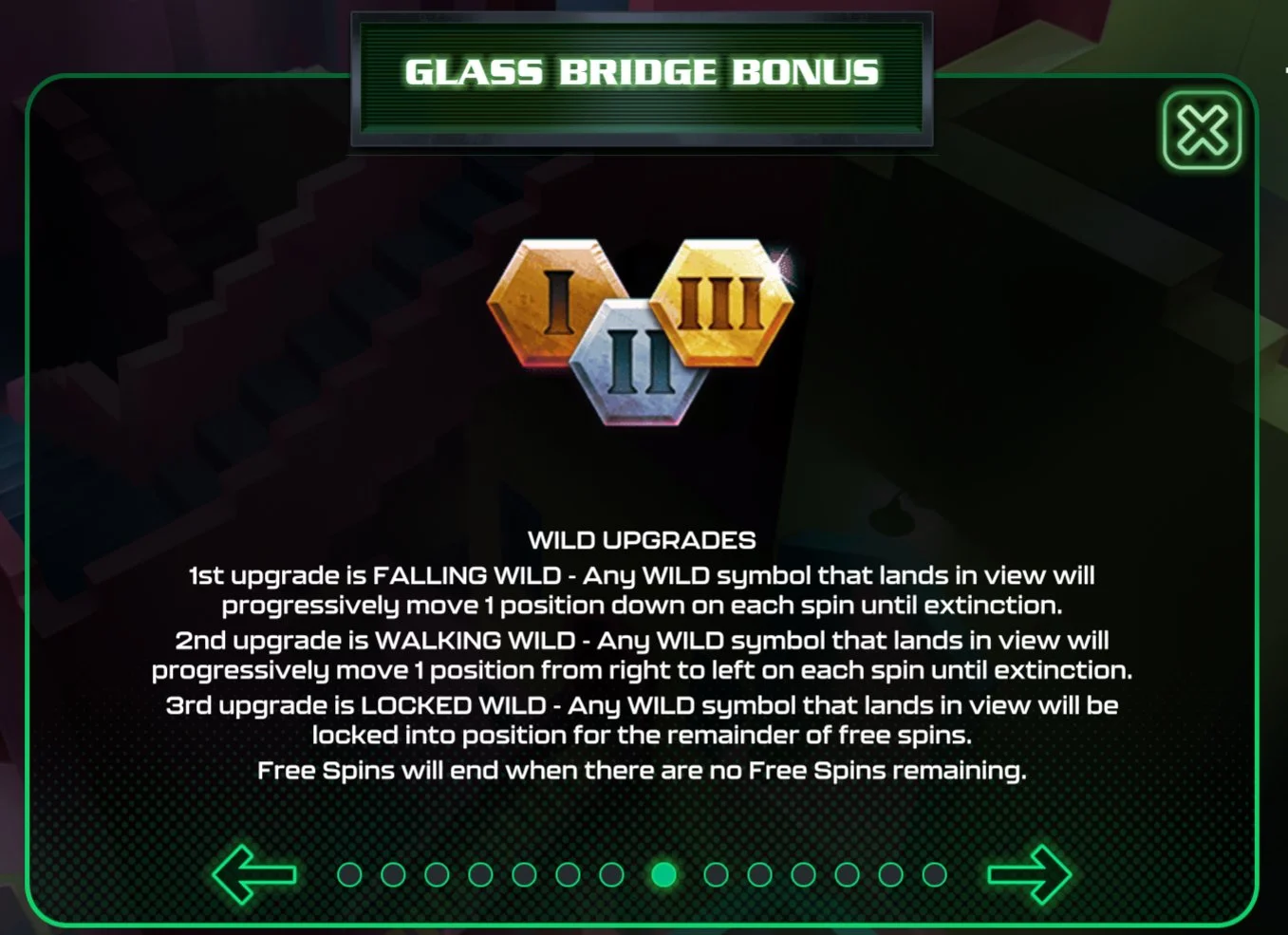 Wild upgrade progression: Level I Falling Wild, Level II Walking Wild, Level III Locked Wild — collected during Glass Bridge bonus