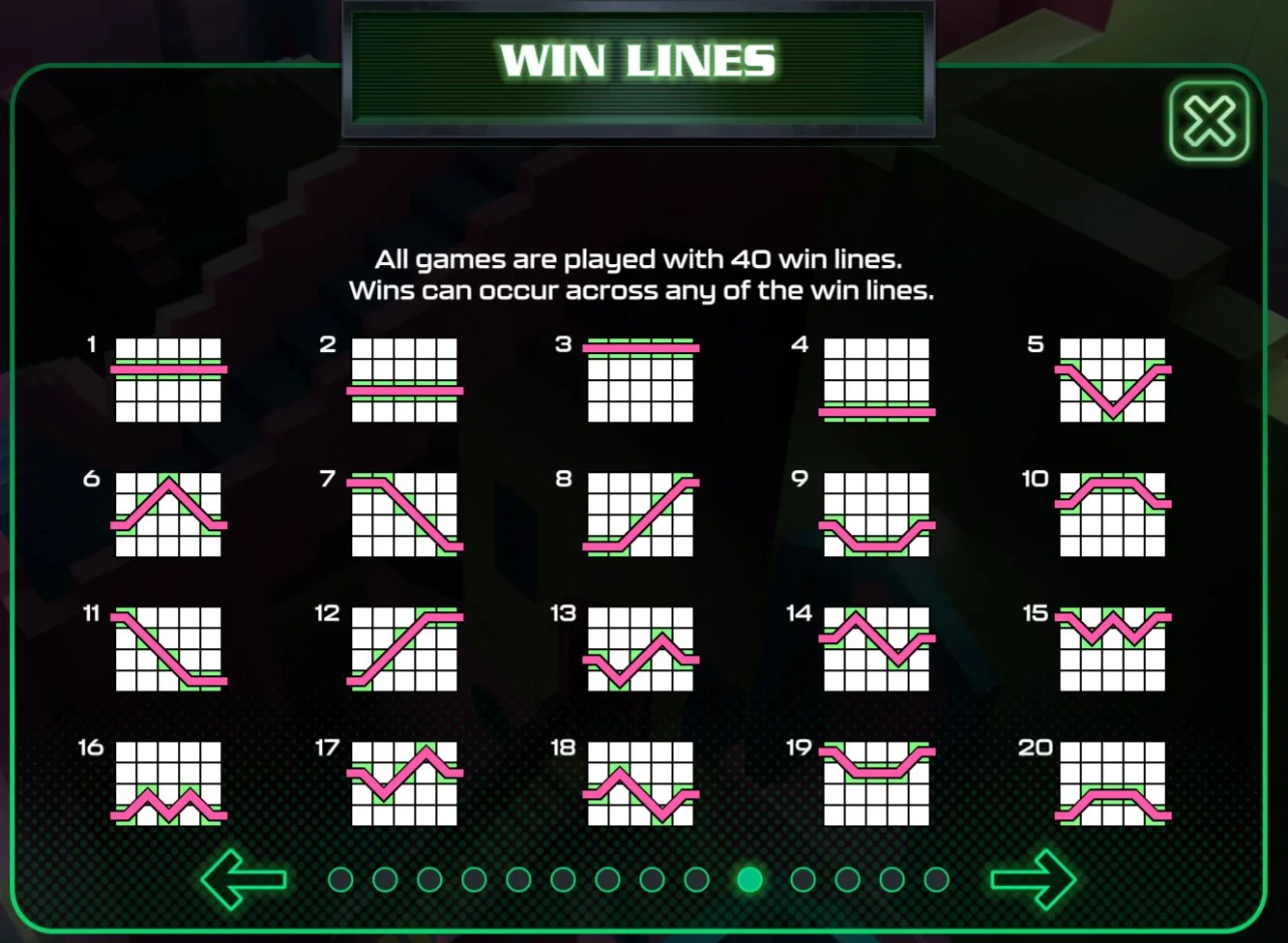 Win lines 1–20. All 40 paylines are active on every spin —